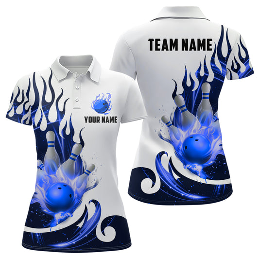 White&Blue Bowling Shirts For Men & Women Custom Flame Bowling Team Jersey Polo BDT537