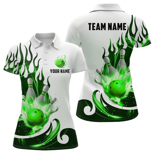 White&Green Bowling Shirts For Men & Women Custom Flame Bowling Team Jersey Polo BDT537