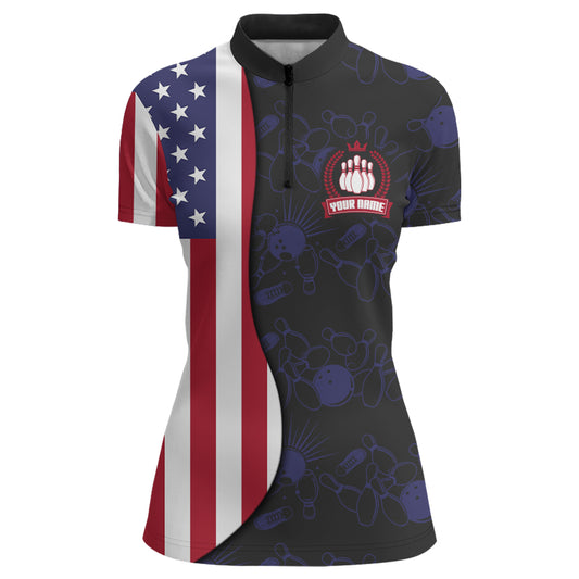 American Flag Bowling Quarter-Zip Shirt Custom Navy Bowling Jersey Women Patriotic Bowling Shirt BDT264