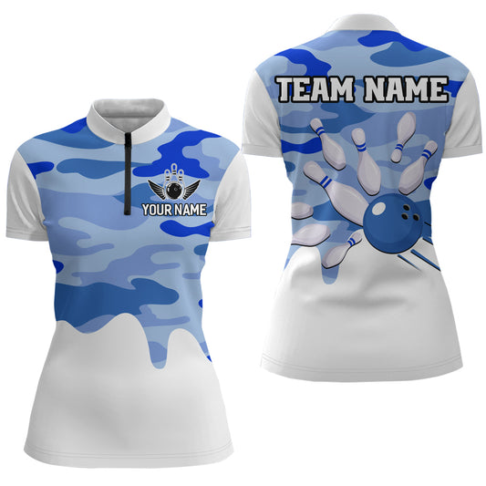 Blue Camo Bowling Jersey Men Women Bowling Team Jersey Custom Bowling 1/4 Zip Shirts Unisex BDT593