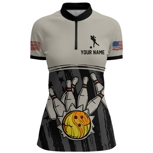 American Flag Bowling Jersey Women Patriotic Bowling Shirt Team League Bowling Quarter-Zip Shirt BDT310