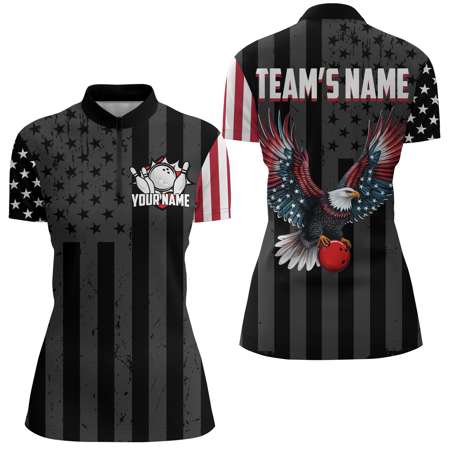 Eagle Black Bowling Shirt For Men & Women Custom Patriotic Bowling Team Jersey Quarter-Zip BDT540