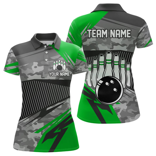 Green Camo Bowling Shirts for Women Men Custom Team Bowling Polo & 1/4 Zip Shirt MBL61