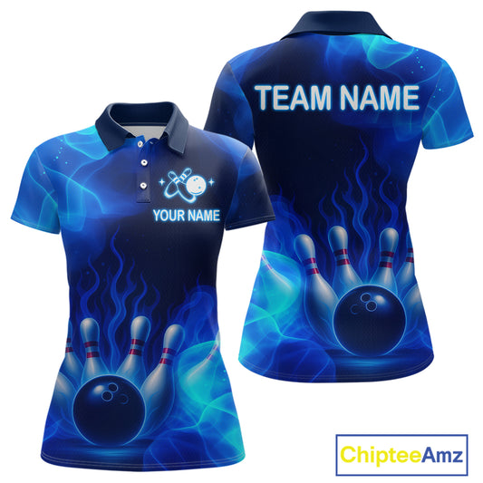 Blue Flaming Bowling Shirts for Women Men Custom Team Bowling Polo & Quarter Zip MBL140