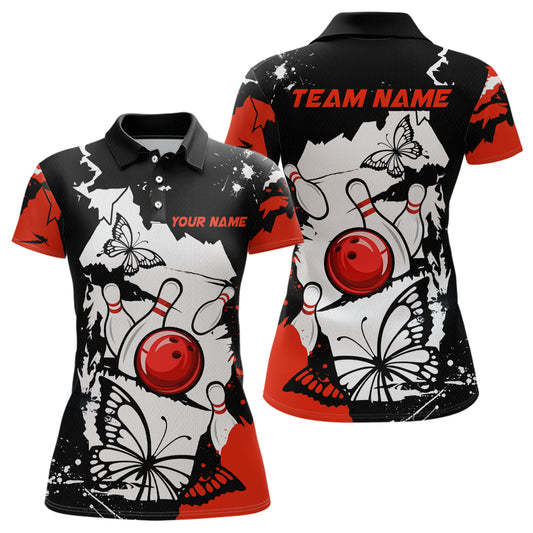 Custom Red Butterflies Bowling Shirt for Men Women Team Bowling Polo&Quater Zip MBL76