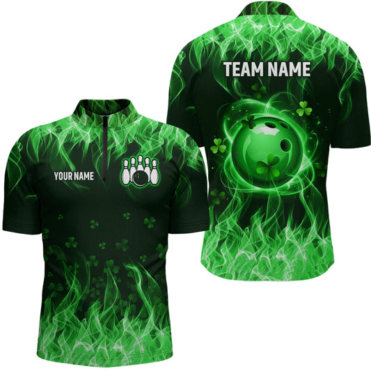 Personalized St Patrick Day Funny Flaming Bowling Shirt Men Team Polo & 1/4 Zip Shirts HNT13