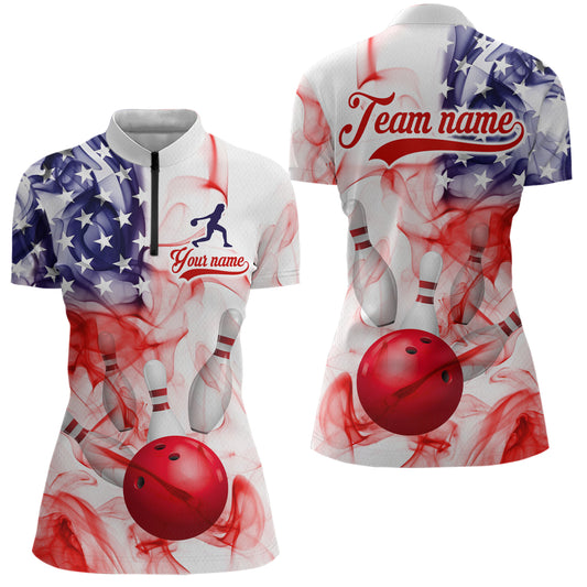 American Flag Smoke Bowling Shirt for Women Custom Polo & Quarter-Zip Team Bowling Jersey with Team HNT21