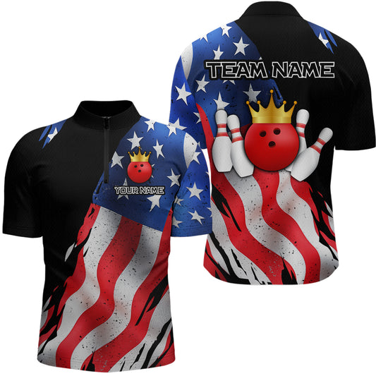 Custom US Flag Crown Bowling Men Bowling Shirt Polo & Quarter-Zip Bowling Team Jerseys HNT85