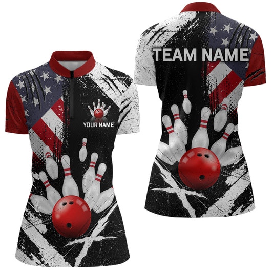 Custom US Flag Bowling Shirts for Women Polo & Quarter-Zip Bowling Team Bowling League HNT83