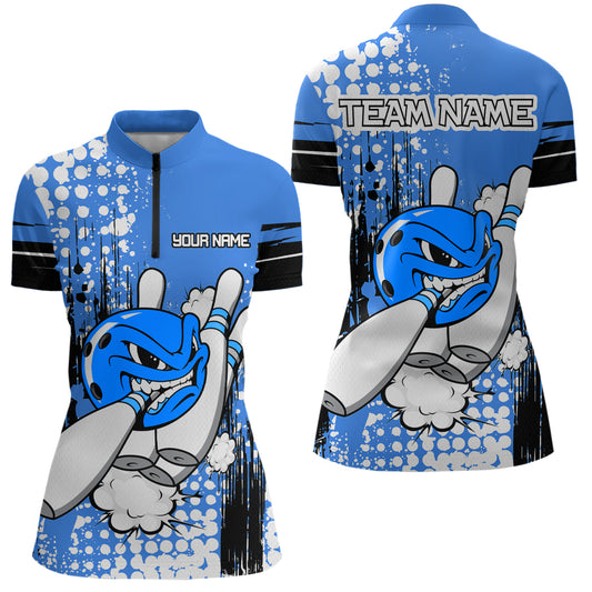 Personalized Blue Funny Crazy Bowling Shirt for Women Polo & Quarter-Zip Bowling Jersey with Team HNT03