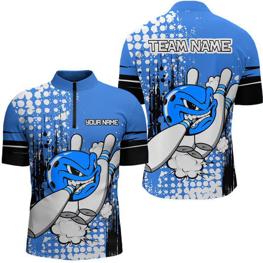 Personalized Blue Funny Crazy Bowling Shirt for Men Polo & Quarter-Zip Bowling Jersey with Team HNT03
