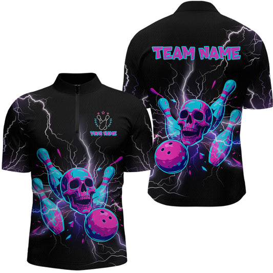 Custom Thunder Skull Flame Bowling Men Polo & 1/4 Zip Shirts Bowling Team Jerseys HNT93
