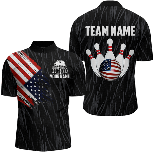 US Flag Personalized Bowling Team Shirts For Men Bowling League Polo & 1/4 Zip Shirt HNT11
