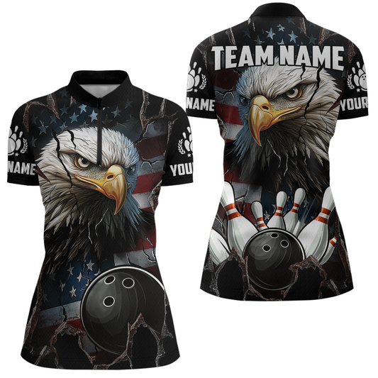 US Flag Eagle Bowling Shirt for Women Personalized Polo & Quarter-Zip Team Bowling Jersey with Team HNT02