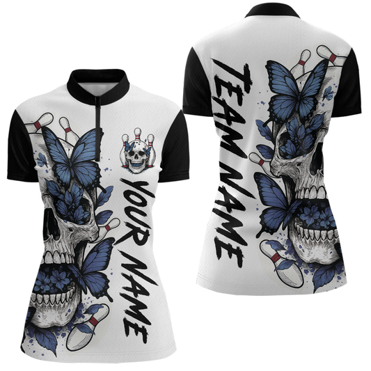 Blue Butterfly Skull Bowling Women Bowling Shirt Polo & Quarter-Zip Bowling Team Jerseys HNT80