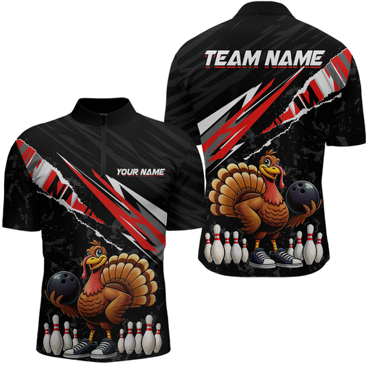 Custom Red Funny Turkey Bowling Jersey for Men Thanksgiving Bowling Shirts Polo & 1/4 Zip HNT117