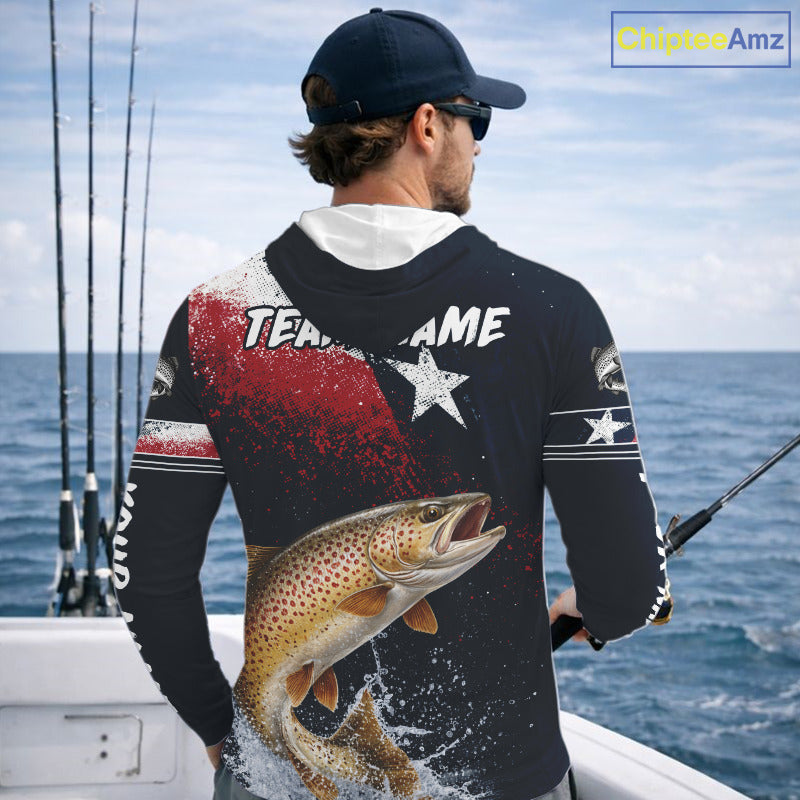 Custom Vintage Brown Trout Long Sleeve Hooded Patriotic Fishing Shirt For Men, Trout Texas Flag Fishing Shirt NHT767
