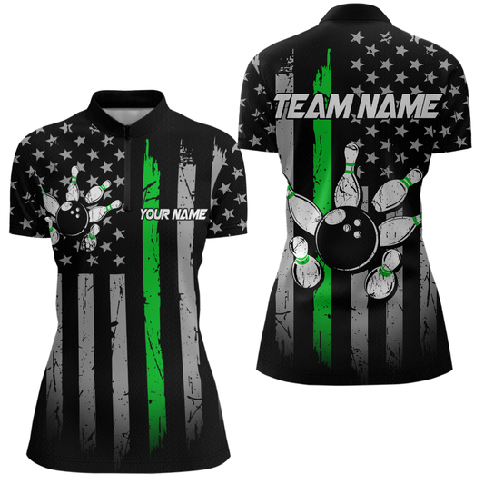 US Green Flag Bowling Shirt for Women Custom Name Polo & Quarter-Zip Bowling Jersey Bowling Team Shirt HNT23