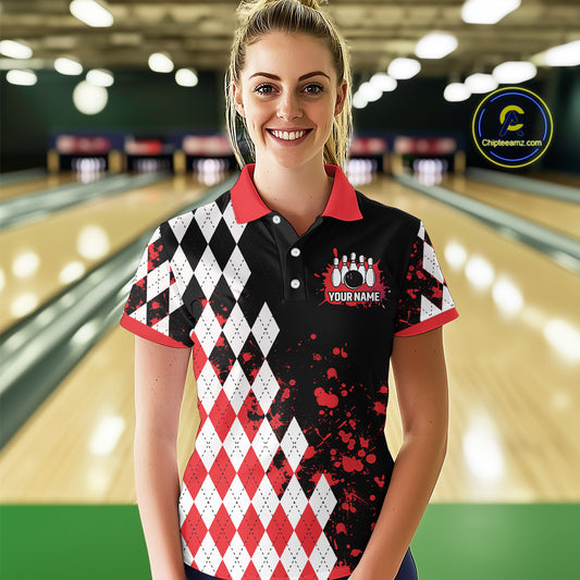 Red argyle pattern Retro Bowling Shirts For Women Custom My drinking team has a bowling problem NQS9825