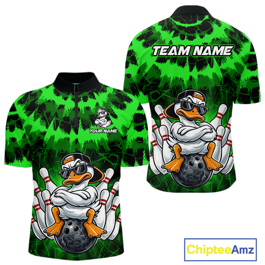 Custom Green Funny Duck Bowling Jersey for Men Bowling Uniform Polo & 1/4 Zip Bowling Team Shirts HNT238