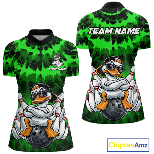 Custom Green Funny Duck Bowling Jersey for Women Bowling Uniform Polo & 1/4 Zip Bowling Team Shirts HNT238