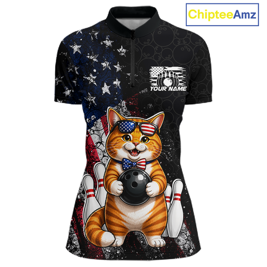 Women quarter zip shirt with a cat design holding a bowling ball, American flag.