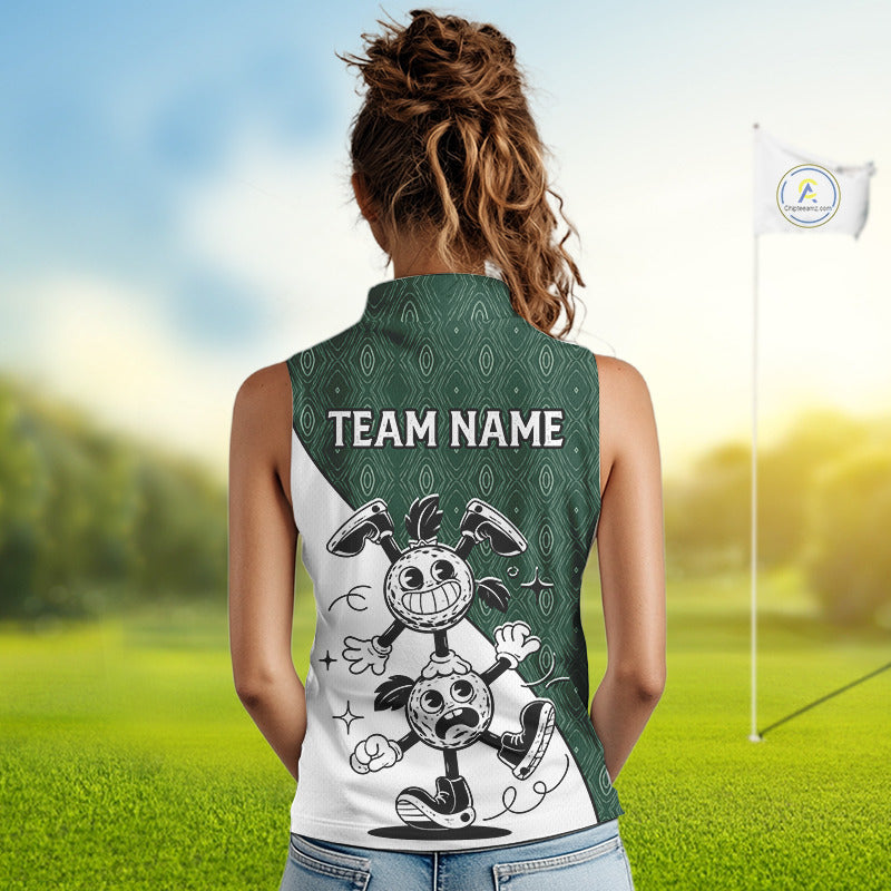 Green White Funny Golf Ball Pattern Sleeveless Womens Golf Polo Shirts Custom Golf Outfits Ladies, Green Golf Tops NHT784
