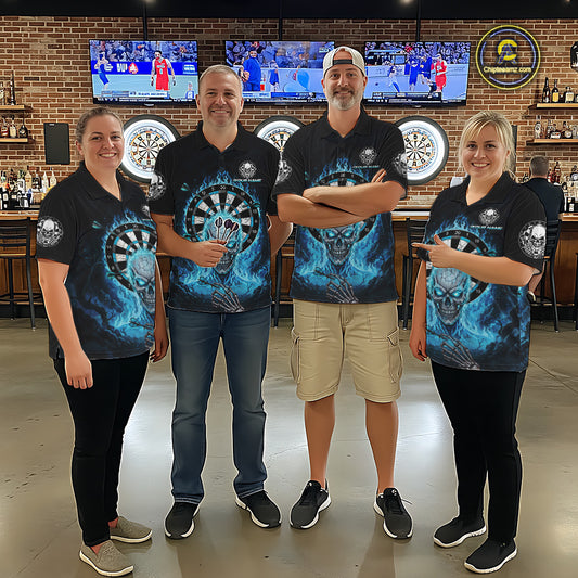 Black Blue Flaming Skeleton Darts Custom Men's Dart Quarter-Zip Shirts Team Dart League Jerseys NYN2073