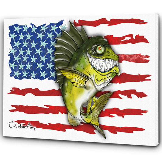 Largemouth Bass fishing art with American flag ChipteeAmz's fish art canvas AT004