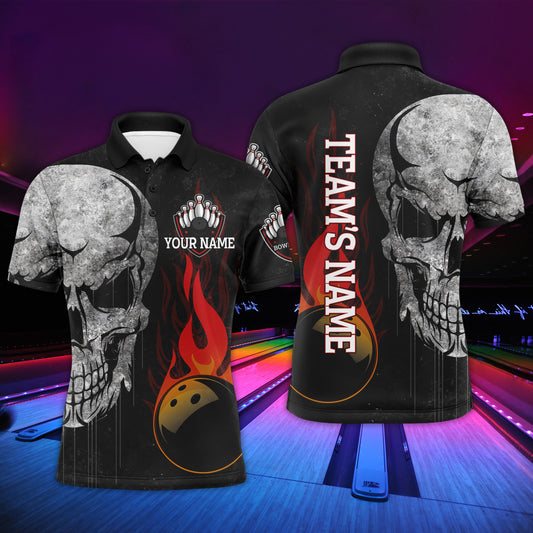 Men's Skull Flame Polo Bowling Shirt, Custom Name Team Bowlers Jersey NBP98