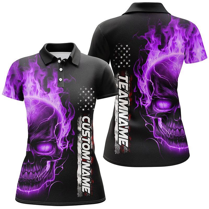 Purple Flame Skull Custom Bowling Polo Shirts For Women, American Bowling Team Jerseys IPHW5276