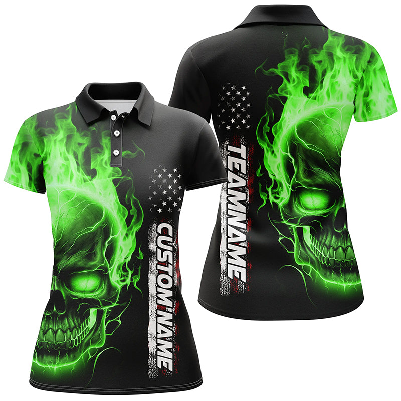 Green Flame Skull Custom Bowling Polo Shirts For Women, American Bowling Team Jerseys IPHW5278