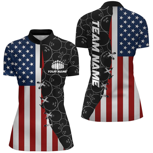 Us Flag Custom Bowling Team Shirts For Women Bowling Ball Pattern Patriotic Gifts IPHW5479
