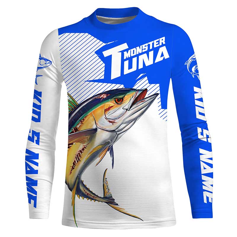 Monster Tuna Fishing jerseys, Yellowfin Tuna fish skull Custom Long sleeve Fishing Shirts | blue IPHW3532