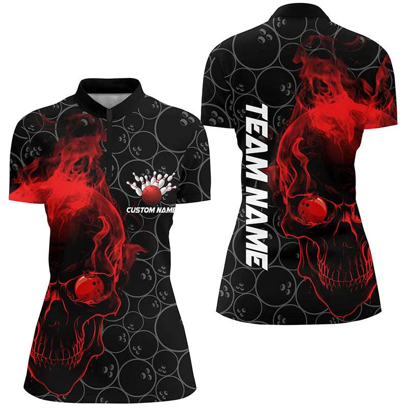 Custom Red Skull Ladies Bowling Quarter Zip Shirts Team Bowling Jerseys Bowlers Outfits IPHW5396