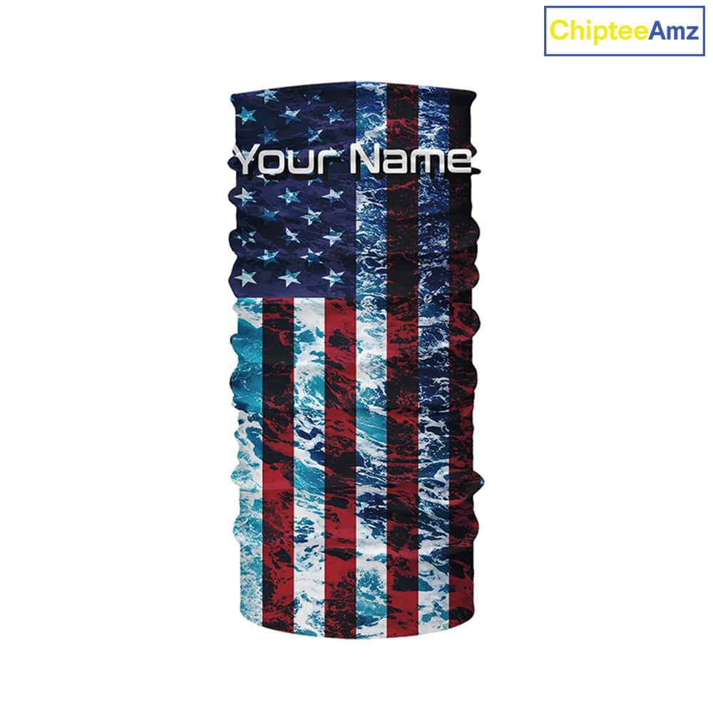 Custom Saltwater Long Sleeve Uv Fishing Shirts, American Flag Sea Wave Camo Fishing Shirts IPHW5028