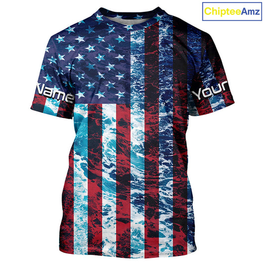 Custom Saltwater Long Sleeve Uv Fishing Shirts, American Flag Sea Wave Camo Fishing Shirts IPHW5028
