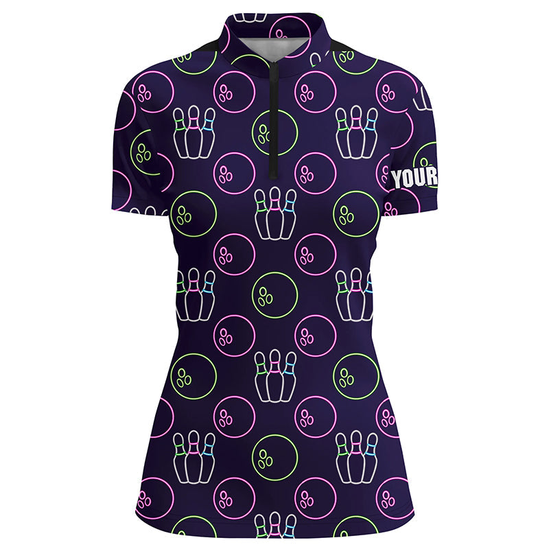 Purple Neon Bowling seamless pattern Custom Women bowling Quarter Zip shirt bowling team league jersey NQS6762