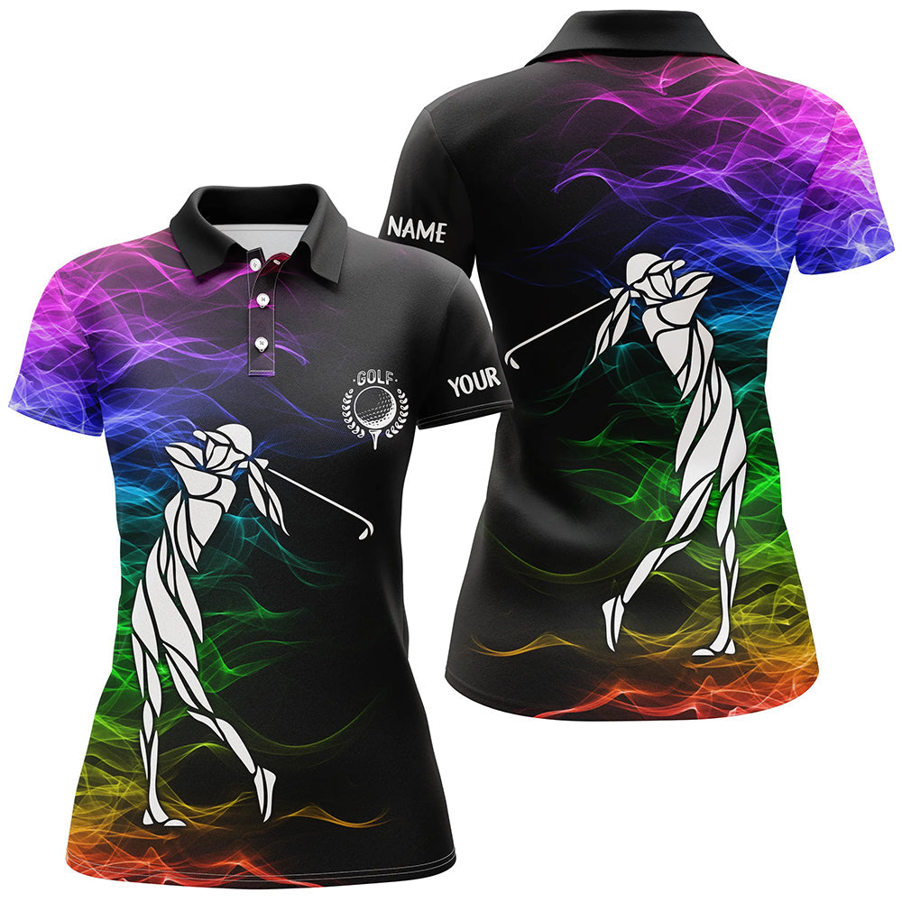 Personalized colorful rainbow smoke pattern black Womens golf polo shirts custom ladies golf tops NQS7262