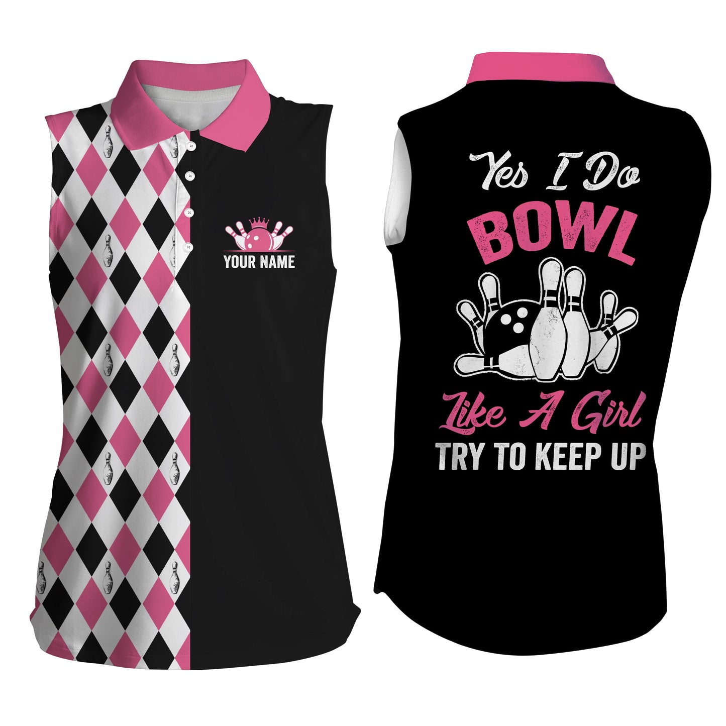 Custom Pink sleeveless bowling shirt for women – personalized team jersey front view