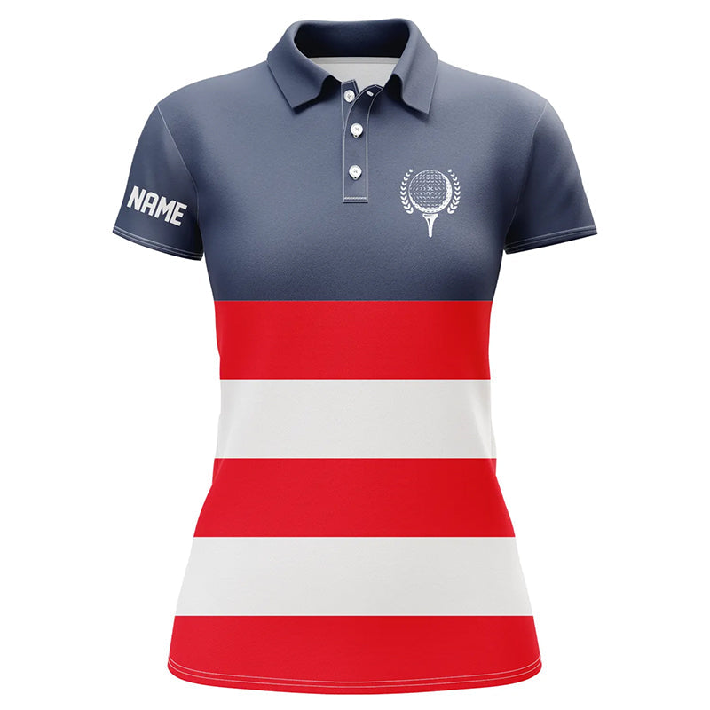 Red, white and blue stripe custom name Womens golf polos shirts, patriot women's golf attire NQS7135