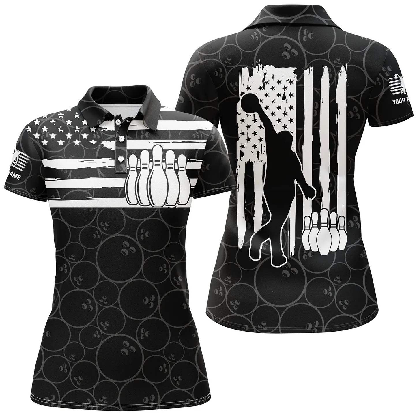 Custom black bowling shirt for women – personalized team jersey front view