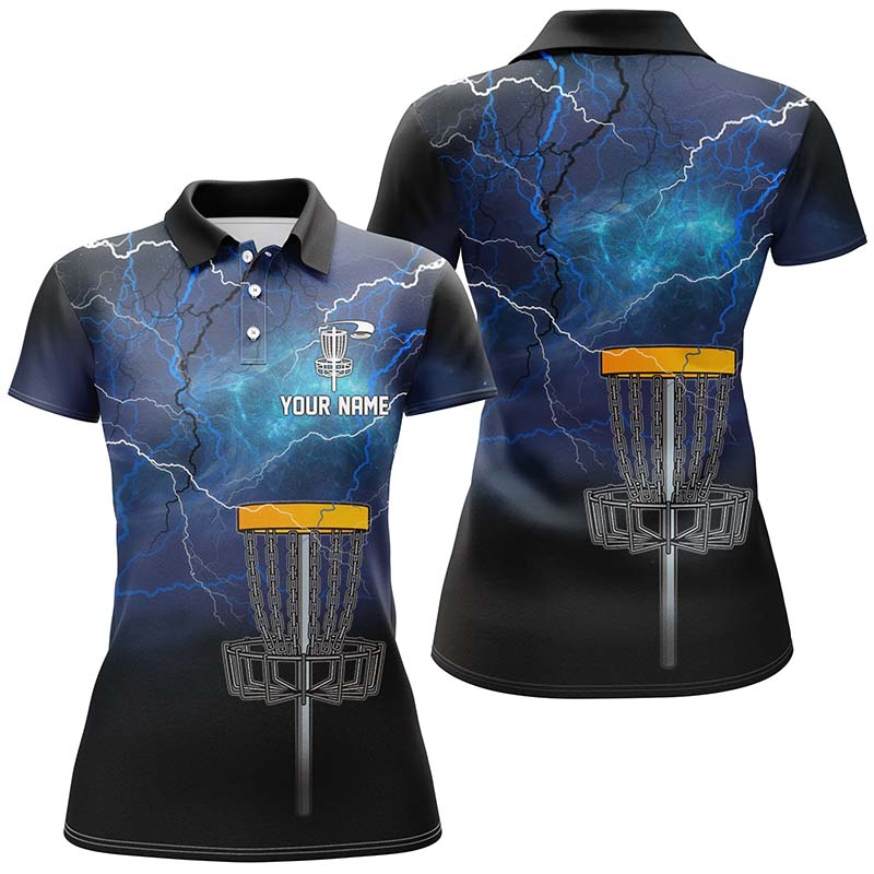 Womens disc golf polo shirt custom blue lightning thunder disc golf shirt, ladies disc golf tops NQS7142