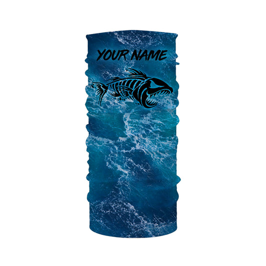 Custom blue ocean fish bone Saltwater Long sleeve Fishing Shirts UV Protection, Sea wave camo Fishing Shirts - NQS2079