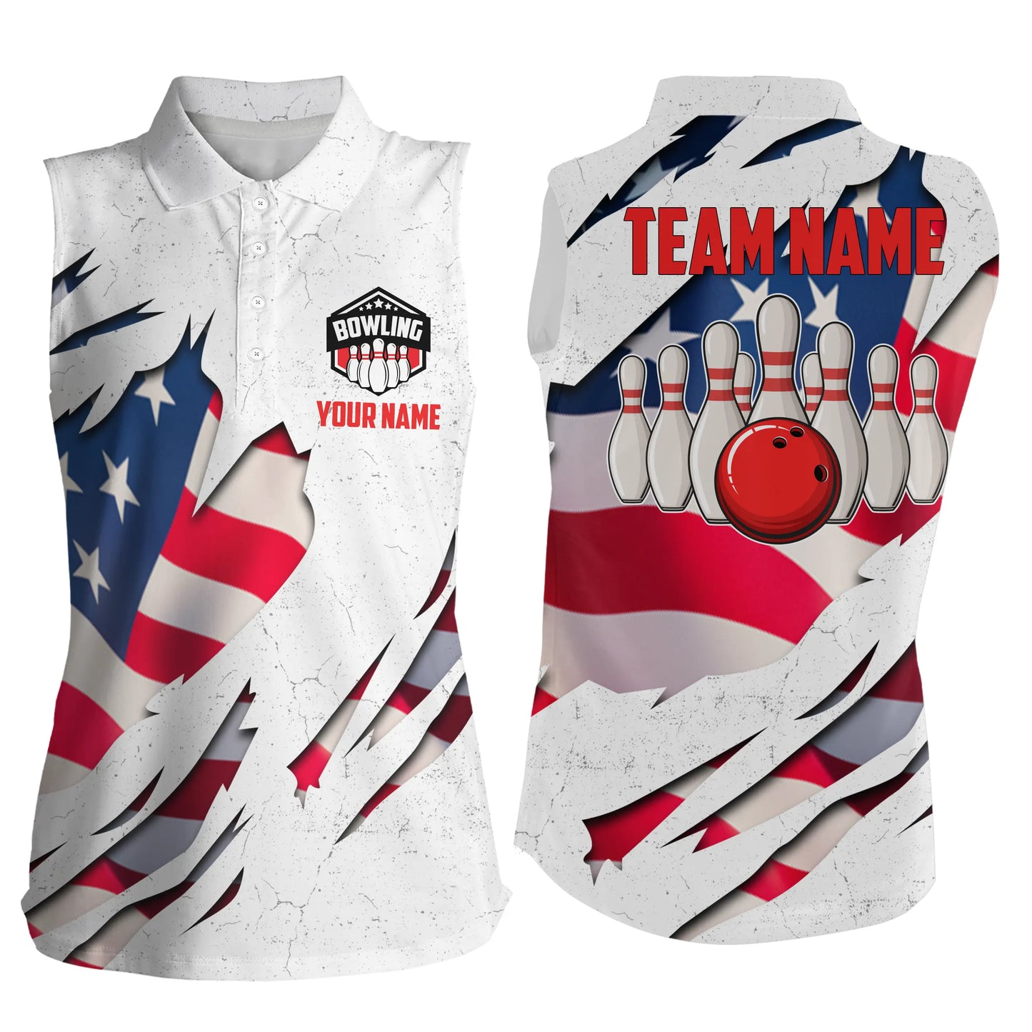 Custom sleeveless bowling shirt for women – personalized team jersey front view