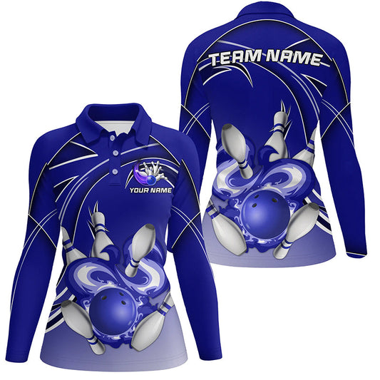 Women Bowling Polo Shirts Custom Bowling ball and pins Team league Jerseys, gifts for bowlers | Blue NQS7073