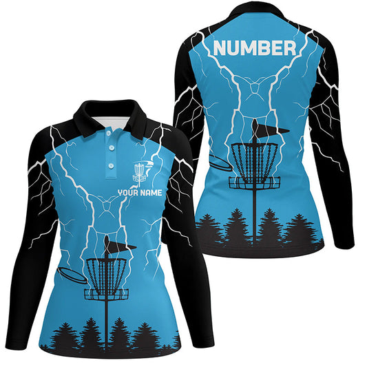 Womens disc golf polo shirt blue lightning storm custom name disc golf shirt, disc golf gifts NQS7085