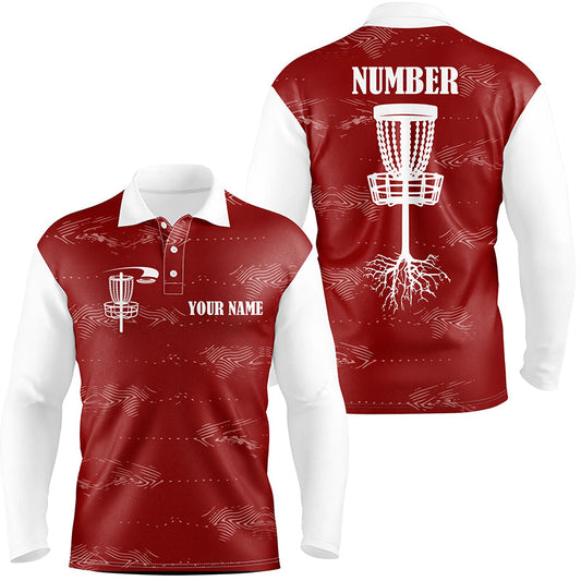 Red and white Mens disc golf polo shirts custom disc golf basket, personalized disc golf gifts NQS6758