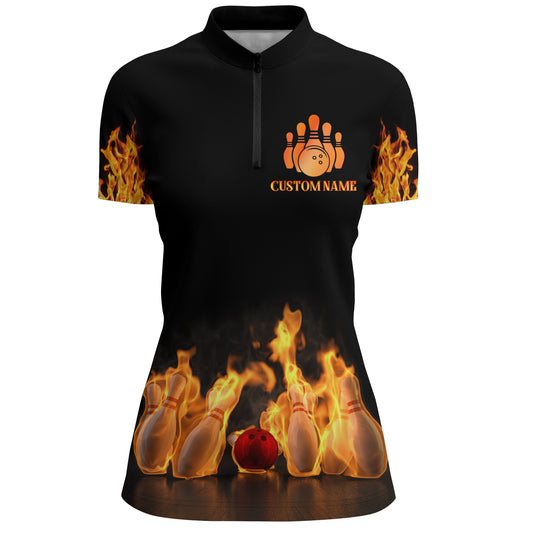 Custom Fire Bowling Shirt for Women Flames Bowling Jersey with Name League Ladies Quarter-Zip Shirt NBZ174