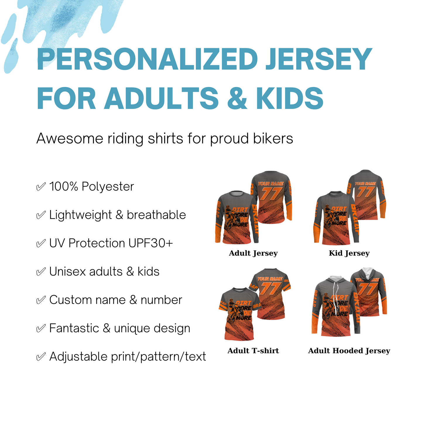 Kid&Adult custom orange Motocross jersey UV protective dirt bike MX racing Dirt More Ride More| NMS902